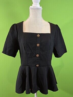 Blouse Womens S-M Black Square Neck Puff Short Sleeve Button Peplum Top